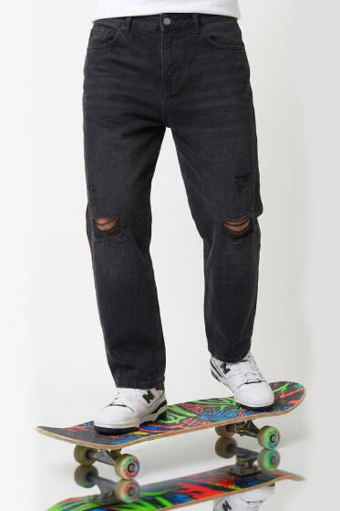 Baggy Fit Erkek Kot Pantolon Füme - Erkek Pantolon