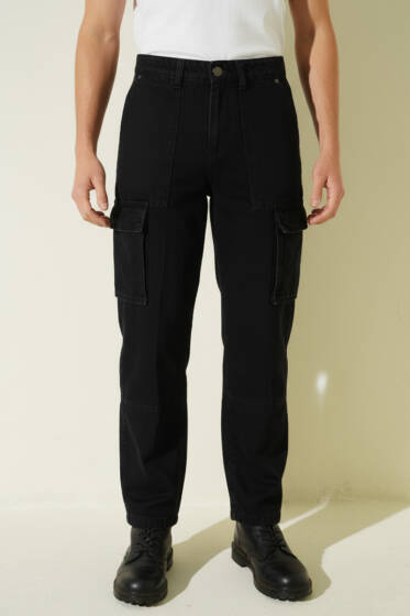 Baggy Kargo Cep Erkek Kot Pantolon Siyah - Erkek Pantolon