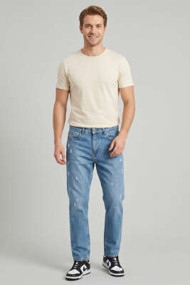 Baggy Kesikli Düğmeli Pantolon Orta Mavi - Erkek Jean