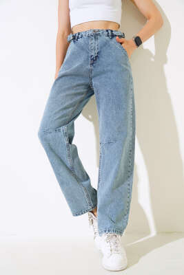 Baggy Yan Tokalı Kot Pantolon Açık Kar - Kadın Giyim Modelleri