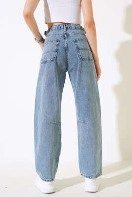 Baggy Yan Tokalı Kot Pantolon Açık Kar - Kadın Giyim Modelleri