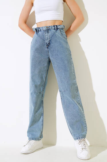 Baggy Yan Tokalı Kot Pantolon Açık Kar - Yeni Giyim