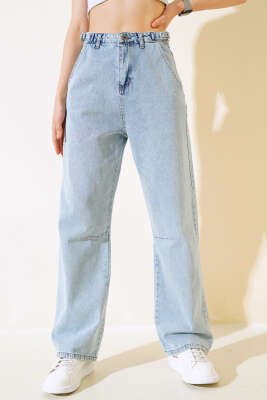 Baggy Yan Tokalı Kot Pantolon Kar Yıkama - Kadın Giyim Modelleri