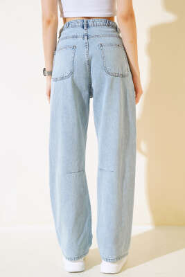 Baggy Yan Tokalı Kot Pantolon Kar Yıkama - Kadın Giyim Modelleri