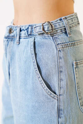 Baggy Yan Tokalı Kot Pantolon Kar Yıkama - Kadın Giyim Modelleri