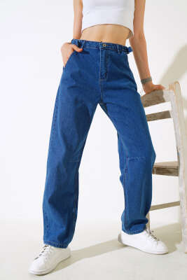 Baggy Yan Tokalı Kot Pantolon Koyu Mavi - Kadın Giyim Modelleri