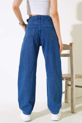 Baggy Yan Tokalı Kot Pantolon Koyu Mavi - Kadın Giyim Modelleri