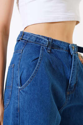 Baggy Yan Tokalı Kot Pantolon Koyu Mavi - Kadın Giyim Modelleri