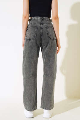 Baggy Yan Tokalı Kot Pantolon Siyah Açık Kar - Kadın Giyim Modelleri