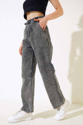 Baggy Yan Tokalı Kot Pantolon Siyah Açık Kar - Kadın Giyim Modelleri