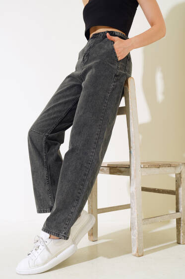 Baggy Yan Tokalı Kot Pantolon Siyah Orta Kar - Kadın Giyim Modelleri