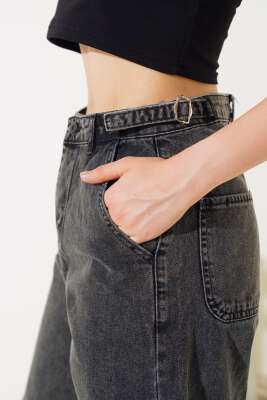 Baggy Yan Tokalı Kot Pantolon Siyah Orta Kar - Kadın Giyim Modelleri