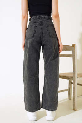 Baggy Yan Tokalı Kot Pantolon Siyah Orta Kar - Kadın Giyim Modelleri