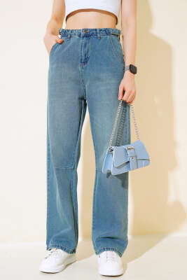 Baggy Yan Tokalı Kot Pantolon Yeşil Tint - Kadın Giyim Modelleri