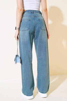 Baggy Yan Tokalı Kot Pantolon Yeşil Tint - Kadın Giyim Modelleri