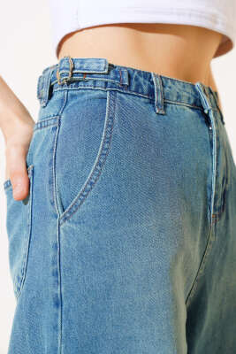 Baggy Yan Tokalı Kot Pantolon Yeşil Tint - Kadın Giyim Modelleri