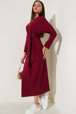 Bağlama Detaylı Elbise Bordo - Kadın Giyim Modelleri