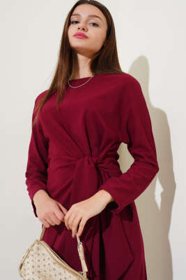 Bağlama Detaylı Elbise Bordo - Kadın Giyim Modelleri