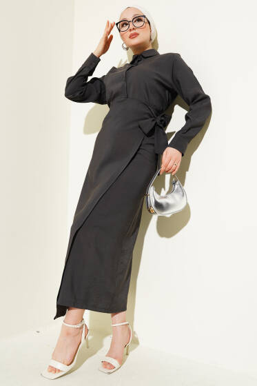 Bağlama Detaylı Etekli Tensel İkili Takım Antrasit - İkili Takım