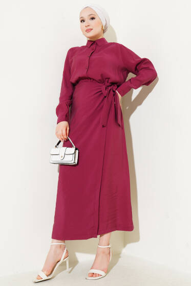 Bağlama Detaylı Etekli Tensel İkili Takım Bordo - İkili Takım