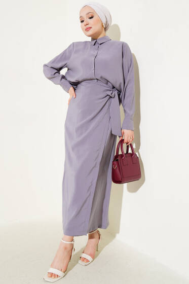 Bağlama Detaylı Etekli Tensel İkili Takım Gri - İkili Takım