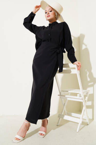 Bağlama Detaylı Etekli Tensel İkili Takım Siyah - İkili Takım