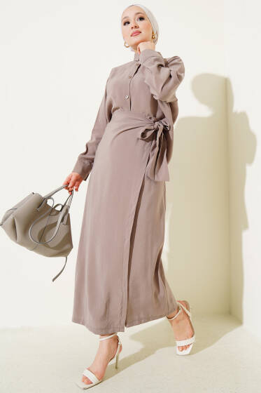 Bağlama Detaylı Etekli Tensel İkili Takım Vizon - İkili Takım