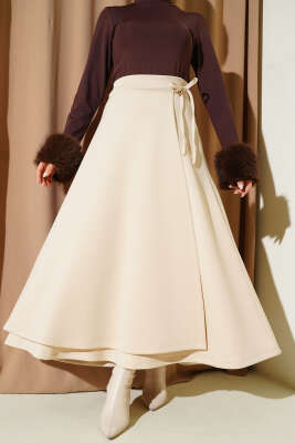 Bağlama Detaylı Scuba Etek Bej - VAV TEKSTİL