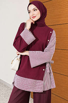 Bağlamalı Çizgi Garnili Tunik Mürdüm - Tunik