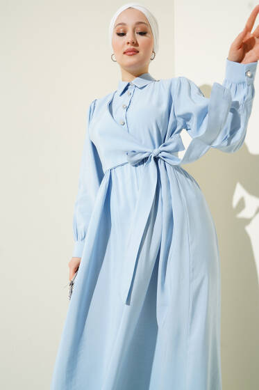 Bağlamalı Yarım Taş Düğmeli Elbise Buz Mavisi - Elbise