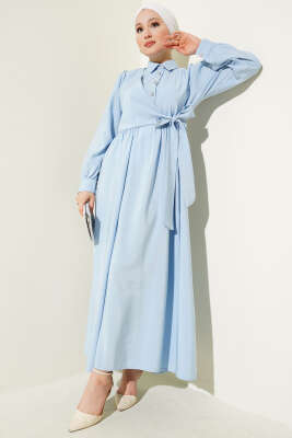 Bağlamalı Yarım Taş Düğmeli Elbise Buz Mavisi - Tesettür Elbise