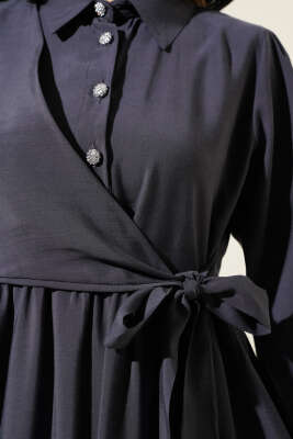 Bağlamalı Yarım Taş Düğmeli Elbise Füme - Tesettür Elbise