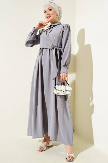Bağlamalı Yarım Taş Düğmeli Elbise Gri - Elbise