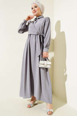 Bağlamalı Yarım Taş Düğmeli Elbise Gri 