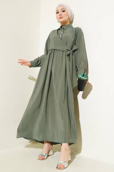 Bağlamalı Yarım Taş Düğmeli Elbise Haki - Elbise