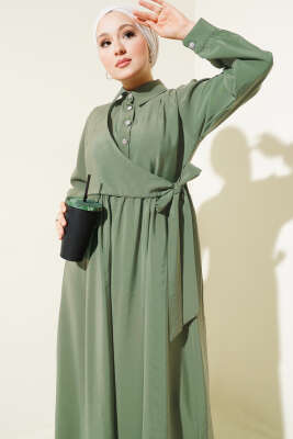 Bağlamalı Yarım Taş Düğmeli Elbise Haki - Tesettür Elbise