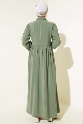 Bağlamalı Yarım Taş Düğmeli Elbise Haki - Tesettür Elbise