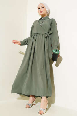 Bağlamalı Yarım Taş Düğmeli Elbise Haki 
