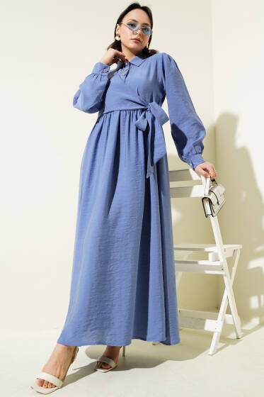 Bağlamalı Yarım Taş Düğmeli Elbise İndigo - Elbise
