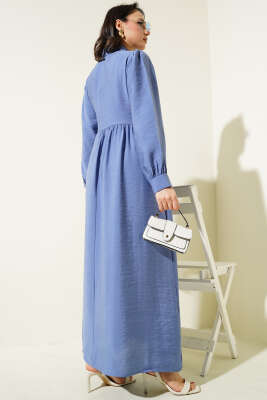 Bağlamalı Yarım Taş Düğmeli Elbise İndigo - Tesettür Elbise