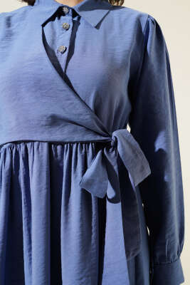 Bağlamalı Yarım Taş Düğmeli Elbise İndigo - Tesettür Elbise