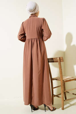 Bağlamalı Yarım Taş Düğmeli Elbise Kahve - Tesettür Elbise