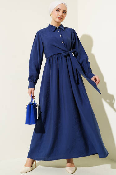 Bağlamalı Yarım Taş Düğmeli Elbise Lacivert - Elbise