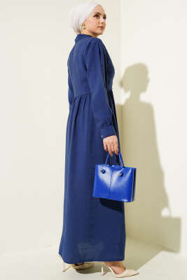 Bağlamalı Yarım Taş Düğmeli Elbise Lacivert - Tesettür Elbise