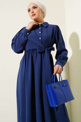 Bağlamalı Yarım Taş Düğmeli Elbise Lacivert - Tesettür Elbise