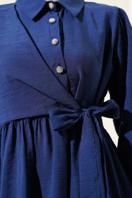 Bağlamalı Yarım Taş Düğmeli Elbise Lacivert - Tesettür Elbise