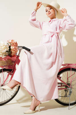 Bağlamalı Yarım Taş Düğmeli Elbise Pembe 