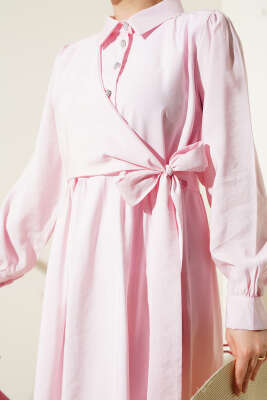 Bağlamalı Yarım Taş Düğmeli Elbise Pembe - Tesettür Elbise