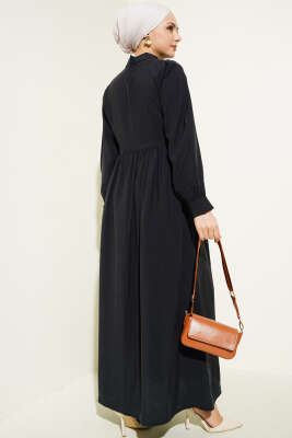 Bağlamalı Yarım Taş Düğmeli Elbise Siyah - Tesettür Elbise