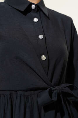 Bağlamalı Yarım Taş Düğmeli Elbise Siyah - Tesettür Elbise